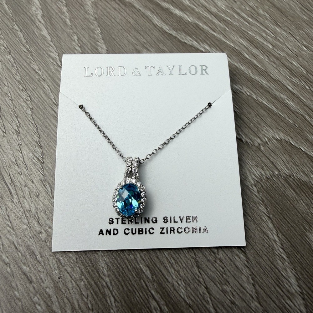 Lord & Taylor Sterling Silver Cubic Zirconia Blue Halo Pendant Necklace New